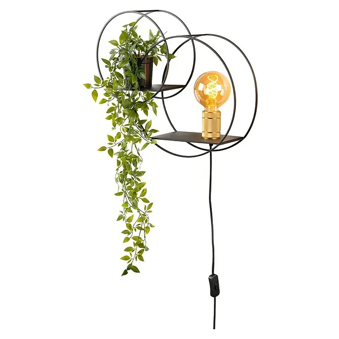 Lucide Wandleuchte - 40 W, L x B x H: 14 x 43 x 38 cm, Schwarz/ Gold, E27 - Dekorative Stehlampe mit Pflanzen, bestehend aus schwarzen Metallringen und einem goldenen Lampensockel mit einer Glühbirne.
