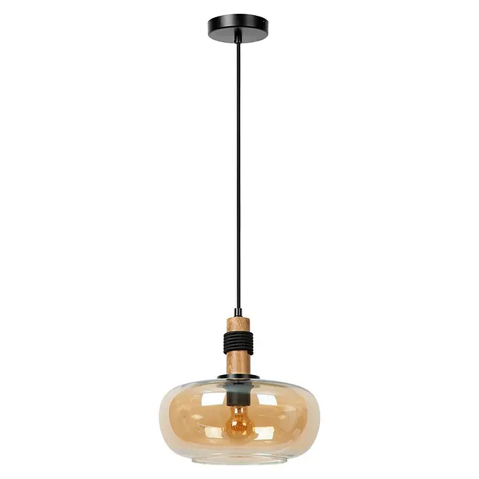 Lucide Ilona Pendelleuchte - 40 W, L x B x H: 12 x 12 x 162 cm, Amber, E27 - Moderne Pendelleuchte mit bernsteinfarbenem Glas und Holzakzenten, ideal für stilvolle Beleuchtung im Esszimmer oder Wohnbereich.