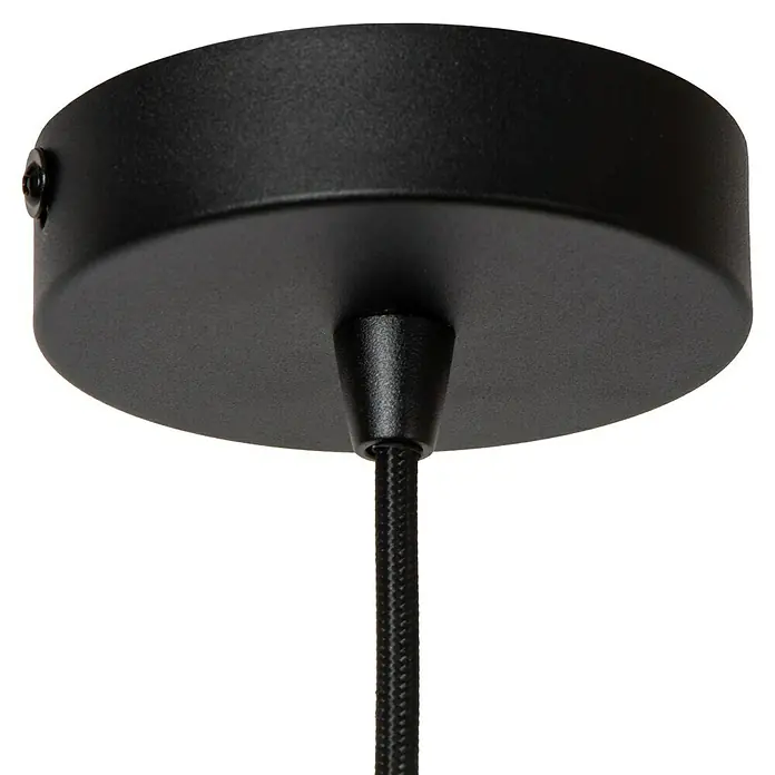 Lucide Rosas Pendelleuchte rund - 40 W, Ø x H: 26 x 152 cm, Schwarz, Schwarz/ Gold, E27 - Nahaufnahme einer schwarzen Deckenleuchte mit Textilkabel. Die Lampe besticht durch ihr schlichtes, modernes Design.
