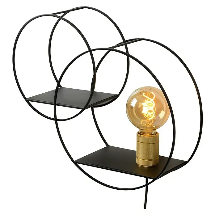 Lucide Wandleuchte - 40 W, L x B x H: 14 x 43 x 38 cm, Schwarz/ Gold, E27 - Produktfoto einer Wandleuchte mit goldener Fassung und einer Edison-Glühbirne auf einem runden Regal mit zwei Ebenen.