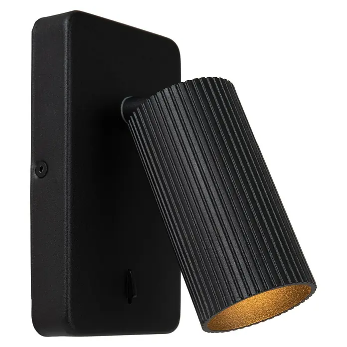 Lucide Clubs Wandstrahler - 50 W, L x B x H: 20,5 x 9,5 x 11,5 cm, Schwarz, Schwarz, GU10 - Schwarze Wandleuchte mit geriffeltem Lampenschirm und goldenem Inneren. Die Leuchte ist modern und elegant.