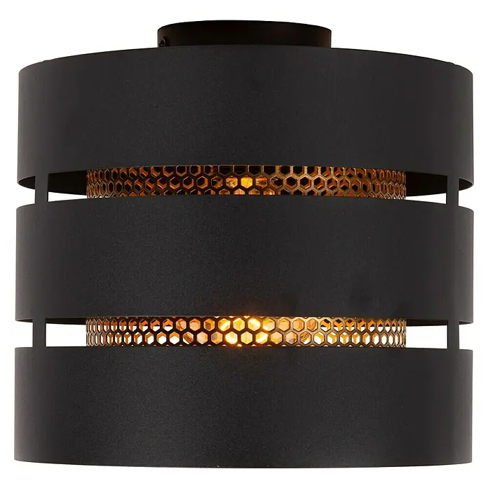 Lucide Rosas Deckenleuchte rund - 40 W, Ø x H: 26 x 22 cm, Schwarz/ Gold, Schwarz, E27 - Nahaufnahme einer modernen, zylindrischen Deckenleuchte in Schwarz mit dekorativen, goldfarbenen Wabeneinsätzen, die warmes Licht durchscheinen lassen.