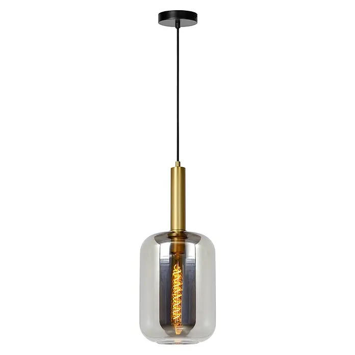 Lucide Pendelleuchte Joanet - 40 W, L x B x H: 32,5 x 32,5 x 150 cm, Rauchfarben, E27, Anzahl Leuchtmittel: 1 Stk. - Elegante Hängeleuchte mit goldenem Detail und dekorativer Glühbirne, die jedem Raum einen Hauch von Stil verleiht.