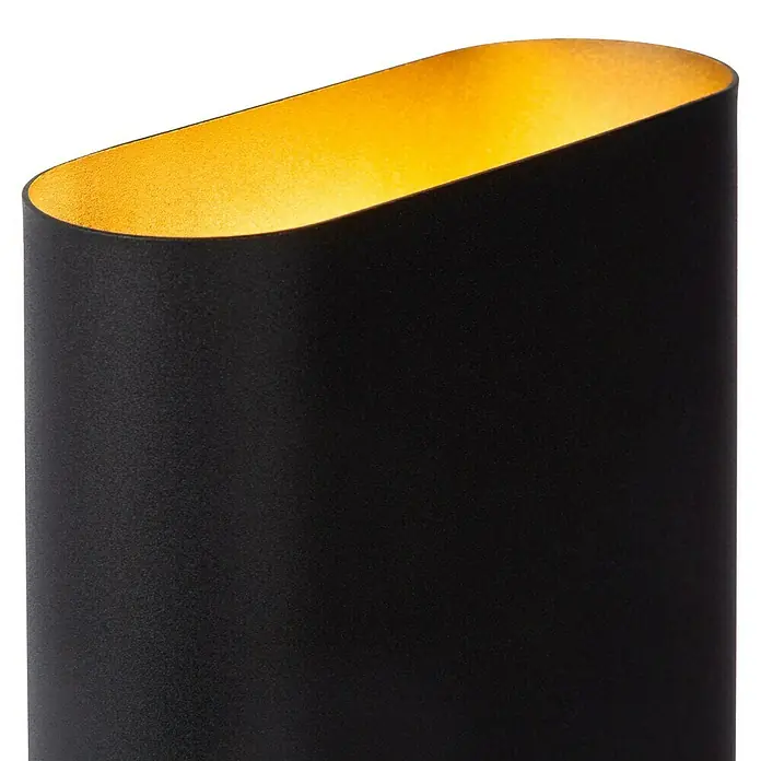 Lucide Wandleuchte Ovalis - 9 W, L x B x H: 18 x 10 x 22 cm, Schwarz/ Gold, E14 - Nahaufnahme einer modernen schwarzen und goldenen Wandleuchte, die ein warmes Licht ausstrahlt und ein elegantes Design zeigt.