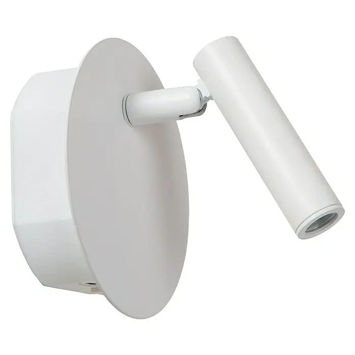 Lucide Akku-Wandleuchte Jolijn - 12 x 12 x 9 cm, Weiß, Neutralweiß, 2 W, IP20 - Nahaufnahme einer weißen, runden LED-Wandleuchte mit verstellbarem Strahler vor schwarzem Hintergrund.