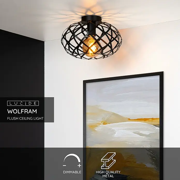 Lucide LED-Deckenleuchte rund Wolfram - 40 W, Ø x H: 30 x 20 cm, Schwarz, Schwarz - Nahaufnahme der LUCIDE Wolfram Deckenleuchte. Modernes Design mit schwarzen Metallstreben, die ein dekoratives Lichtmuster erzeugen.