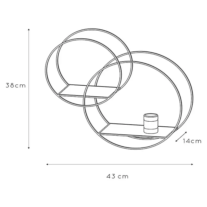Lucide Wandleuchte - 40 W, L x B x H: 14 x 43 x 38 cm, Schwarz/ Gold, E27 - Produktskizze eines Wandregals mit zwei miteinander verbundenen Kreisen, mit Maßangaben für Höhe, Breite und Tiefe.