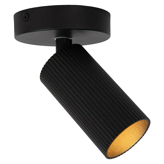Lucide Clubs Deckenstrahler - 40 W, L x B x H: 17 x 10,5 x 9,5 cm, Schwarz, GU10, Anzahl Leuchtmittel: 1 Stk. - Diese Nahaufnahme zeigt eine stilvolle, schwarze Deckenleuchte mit einem verstellbaren Spot und einem goldenen Inneren.