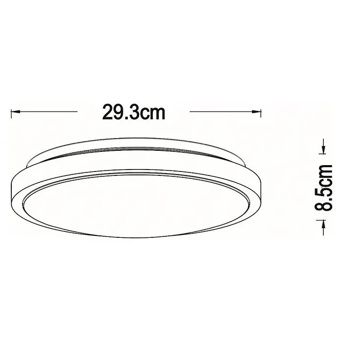Lucide LED-Deckenleuchte rund Dasher - 12 W, Ø x H: 31,5 x 9 cm, Schwarz, Warmweiß - Abbildung einer flachen LED-Deckenleuchte mit den Maßen 29,3 cm Durchmesser und 8,5 cm Höhe. Stilvolles und modernes Beleuchtungselement.