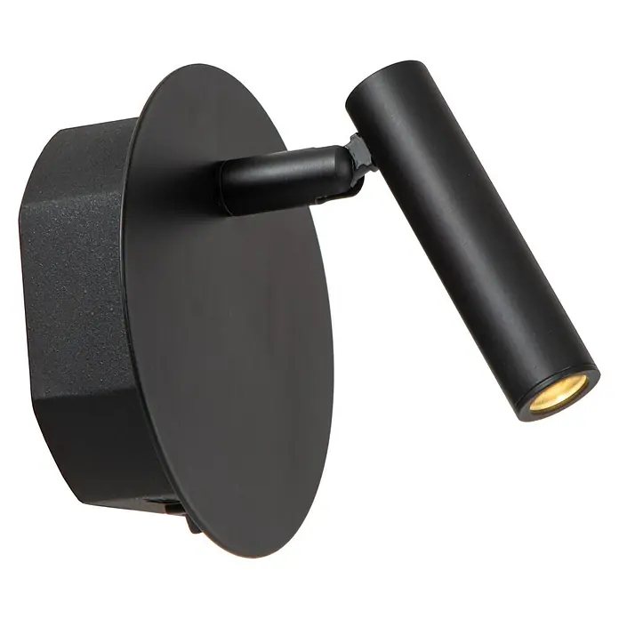 Lucide Akku-Wandleuchte Jolijn - 12 x 12 x 9 cm, Schwarz, Neutralweiß, 2 W, IP20 - Nahaufnahme einer modernen, schwarzen Wandleuchte mit verstellbarem Spot und warmem Licht für eine stilvolle Beleuchtung.