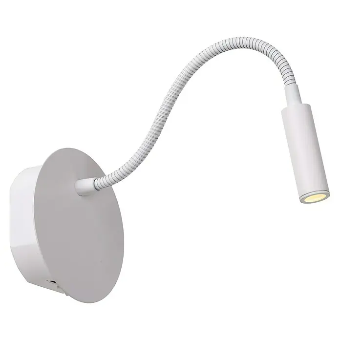 Lucide Akku-Wandleuchte Jolijn - 13 x 13 x 12 cm, Weiß, Neutralweiß, 2 W, IP20 - Nahaufnahme einer modernen, weißen Wandleuchte mit flexiblem Hals und LED-Licht für stilvolle Beleuchtung.
