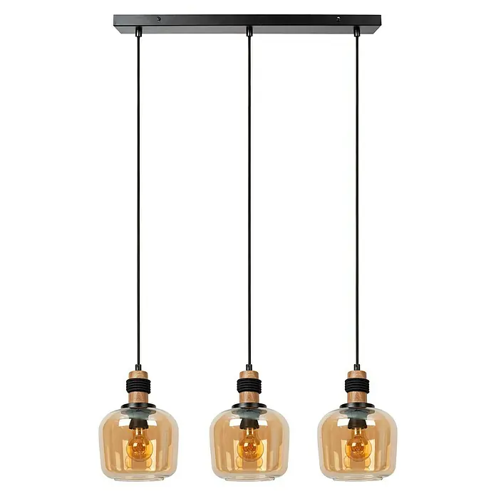 Lucide Ilona Pendelleuchte - 40 W, L x B x H: 60 x 8 x 161 cm, Amber, E27 - Pendelleuchte mit drei bernsteinfarbenen Glaslampenschirmen und schwarzen Akzenten. Die Lampe spendet warmes Licht und verleiht jedem Raum Stil.