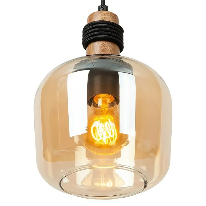 Lucide Ilona Pendelleuchte - 40 W, L x B x H: 60 x 8 x 161 cm, Amber, E27 - Nahaufnahme einer stilvollen Pendelleuchte mit einem bernsteinfarbenen Glasschirm und einem dekorativen Holzelement, das eine warme Atmosphäre schafft.