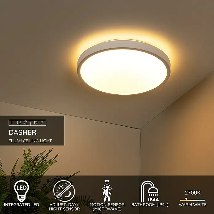 Lucide LED-Deckenleuchte rund Dasher - 24 W, Ø x H: 43 x 11 cm, Weiß, Warmweiß - Das Bild zeigt eine Lucide Dasher Deckenleuchte mit LED, Bewegungssensor und IP44 Schutz, ideal für Badezimmer und warmweißes Licht.