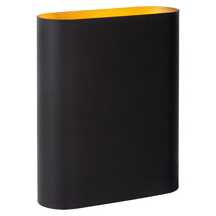 Lucide Wandleuchte Ovalis - 9 W, L x B x H: 18 x 10 x 22 cm, Schwarz/ Gold, E14 - Nahaufnahme einer zylindrischen schwarzen Lampe mit goldenem Inneren, die modernes Design und elegante Beleuchtungslösungen vereint.