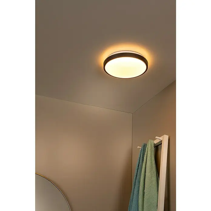 Lucide LED-Deckenleuchte rund Dasher - 12 W, Ø x H: 31,5 x 9 cm, Schwarz, Warmweiß - Eine moderne Deckenleuchte mit einem schwarzen Rand und einem warmen, diffusen Licht, ideal für Badezimmer oder Flure.