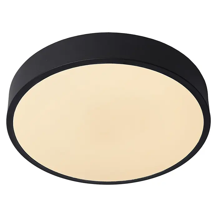 Lucide LED-Deckenleuchte rund Unar - 18 W, Ø x H: 30 x 5 cm, Schwarz, Warmweiß - Nahaufnahme einer runden, schwarzen LED-Deckenleuchte mit warmweißem Licht. Die Leuchte ist schlicht und modern gestaltet.