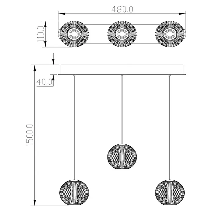Lucide Cintra LED-Pendelleuchte rund - 4,7 W, L x B x H: 4 x 48 x 150 cm, Kristall, Anzahl Leuchtmittel: 3 Stk. - Abbildung einer modernen Hängeleuchte mit drei kugelförmigen Lampenschirmen und Maßen.