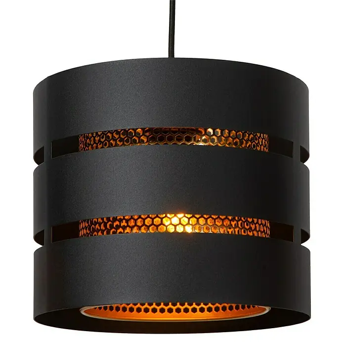 Lucide Rosas Pendelleuchte - 40 W, L x B x H: 110 x 130 x 152 cm, Schwarz, Schwarz/ Gold, E27 - Moderne schwarze Hängeleuchte mit einem einzigartigen Design, das durchbrochene Bereiche mit goldenem Wabengitter aufweist.