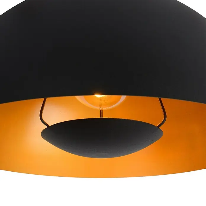 Lucide Siemon Pendelleuchte rund - 40 W, Ø x H: 40 x 150 cm, Schwarz/ Gold, E27 - Nahaufnahme einer stilvollen schwarzen Hängelampe mit goldenem Innenraum, die ein warmes Licht ausstrahlt.