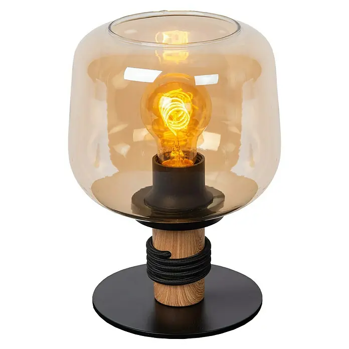Lucide Ilona Deko-Tischleuchte - 40 W, L x B x H: 23 x 23 x 30 cm, Amber, E27 - Nahaufnahme einer stylischen Tischleuchte mit einem bernsteinfarbenen Glasschirm, einem Holzsockel und einem schwarzen Fuß.