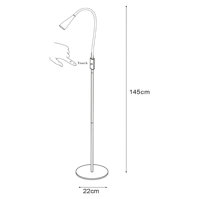 Lucide Zozy LED-Stehleuchte - 4 W, Höhe: 145 cm, Schwarz, Neutralweiß - Illustration einer Stehlampe mit den Maßen 145 cm Höhe und 22 cm Basisdurchmesser, die per Berührung bedient wird.