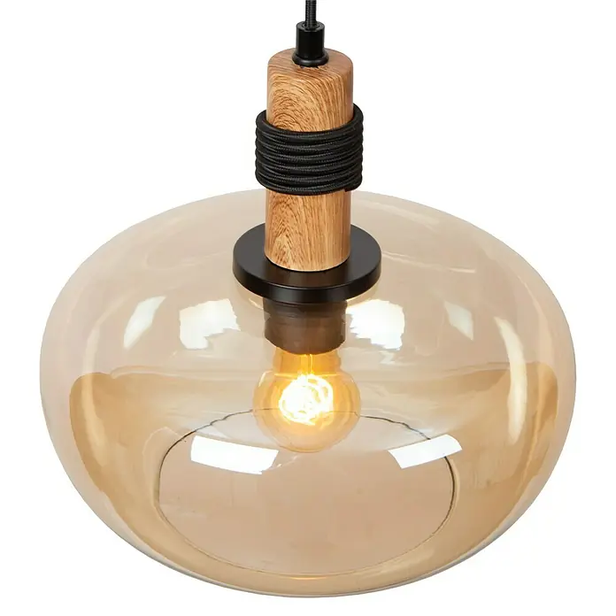 Lucide Ilona Pendelleuchte - 40 W, L x B x H: 12 x 12 x 162 cm, Amber, E27 - Nahaufnahme einer stilvollen Pendelleuchte mit einer runden, bernsteinfarbenen Glasschirm und einem Holzelement.