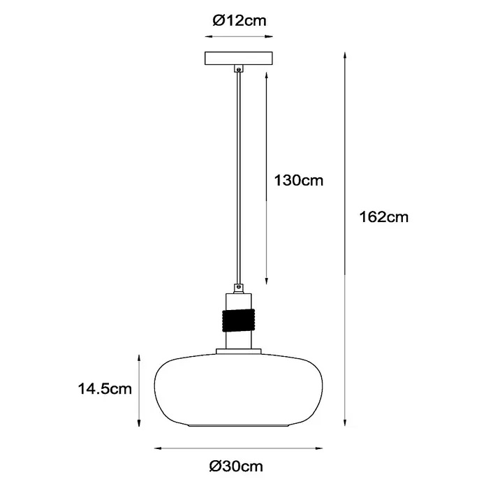 Lucide Ilona Pendelleuchte - 40 W, L x B x H: 12 x 12 x 162 cm, Amber, E27 - Technische Zeichnung einer Hängelampe mit den Maßen: Ø12cm, 130cm, 162cm, 14.5cm und Ø30cm.
