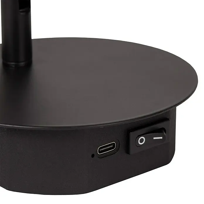 Lucide Akku-Wandleuchte Jolijn - 12 x 12 x 9 cm, Schwarz, Neutralweiß, 2 W, IP20 - Nahaufnahme der Basis einer schwarzen Lampe, die einen USB-C-Anschluss und einen Ein/Aus-Schalter zeigt.