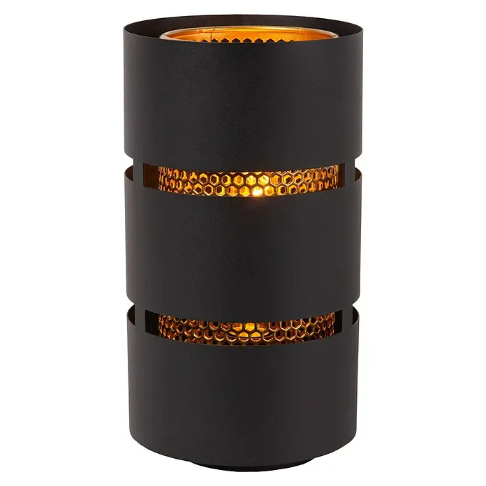Lucide Rosas Tischleuchte rund - 40 W, Ø x H: 12 x 30 cm, Schwarz/ Gold, Schwarz, E27 - Schwarzer zylindrischer Kerzenhalter mit goldfarbenen, wabenförmigen Ausschnitten für stimmungsvolles Licht.