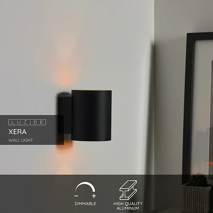 Lucide Wandleuchte Xera - 42 W, L x B x H: 11 x 9 x 11,5 cm, Schwarz, G9 - Nahaufnahme der Lucide Xera Wandleuchte aus hochwertigem Aluminium, dimmbar und modern im Design.