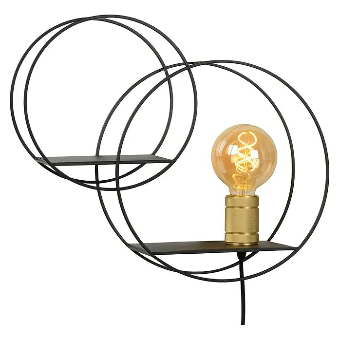 Lucide Wandleuchte - 40 W, L x B x H: 14 x 43 x 38 cm, Schwarz/ Gold, E27 - Schwarzes Regal mit zwei runden Formen und einer goldenen Lampe, die auf einem der Regale steht.