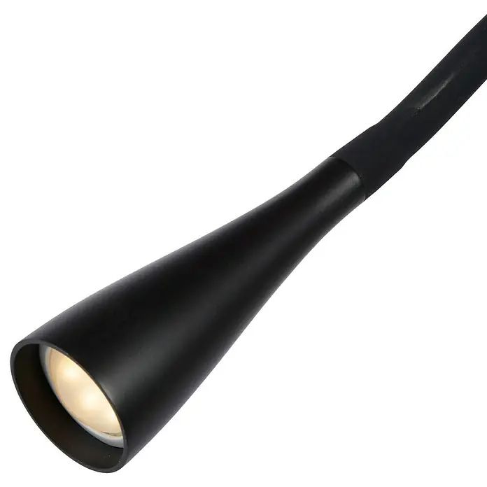 Lucide Zozy LED-Stehleuchte - 4 W, Höhe: 145 cm, Schwarz, Neutralweiß - Nahaufnahme einer schwarzen LED-Lampe mit hellem Licht, ideal für fokussierte Beleuchtung.