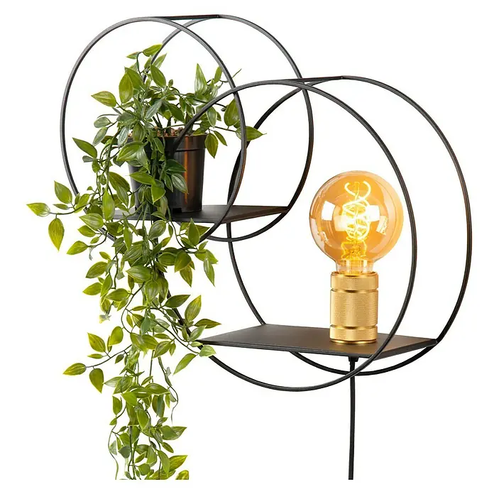 Lucide Wandleuchte - 40 W, L x B x H: 14 x 43 x 38 cm, Schwarz/ Gold, E27 - Dieses moderne Wandregal mit Pflanze und Lampe ist eine stilvolle Ergänzung für jedes Zuhause und bietet praktische Ablagefläche.