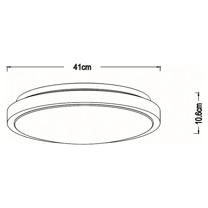 Lucide LED-Deckenleuchte rund Dasher - 24 W, Ø x H: 43 x 11 cm, Weiß, Warmweiß - Skizze einer runden LED-Deckenleuchte mit den Maßen 41 cm Durchmesser und 10,6 cm Höhe, ideal für moderne Innenräume.