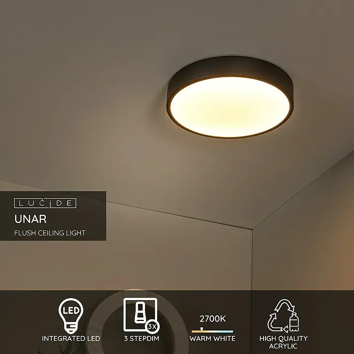 Lucide LED-Deckenleuchte rund Unar - 18 W, Ø x H: 30 x 5 cm, Schwarz, Warmweiß - Nahaufnahme der modernen Lucide UNAR Deckenleuchte mit LED, 3-Stufen-Dimmung und warmweißem Licht, gefertigt aus hochwertigem Acryl.