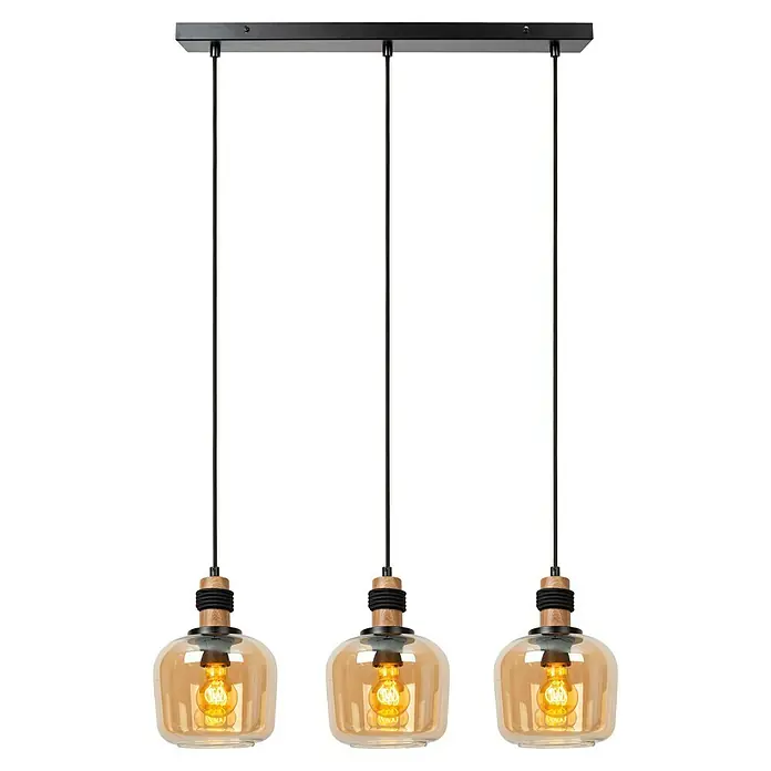 Lucide Ilona Pendelleuchte - 40 W, L x B x H: 60 x 8 x 161 cm, Amber, E27 - Pendelleuchte mit drei bernsteinfarbenen Glasschirmen und Edison-Glühbirnen, hängt von einer schwarzen Stange.