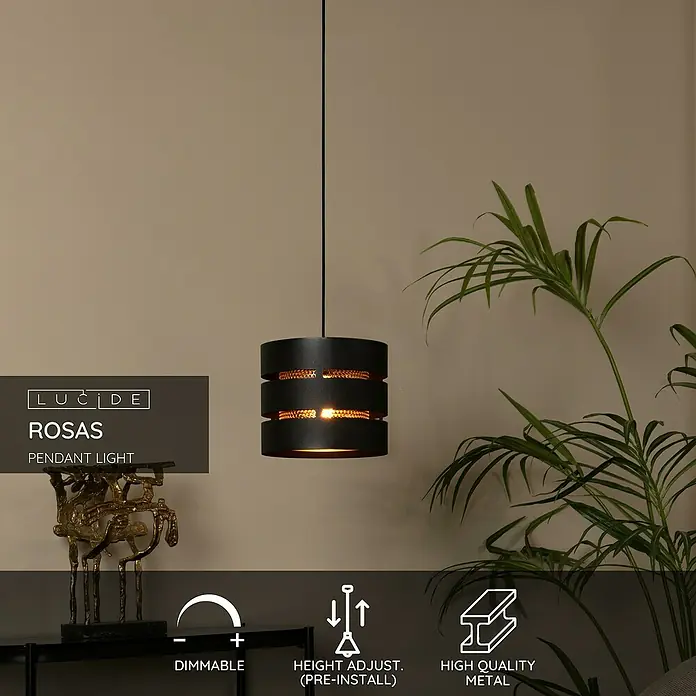 Lucide Rosas Pendelleuchte rund - 40 W, Ø x H: 26 x 152 cm, Schwarz, Schwarz/ Gold, E27 - Nahaufnahme der Lucide Rosas Pendelleuchte, ein stilvolles Beleuchtungselement mit höhenverstellbarem Design und hochwertigen Metallkomponenten.