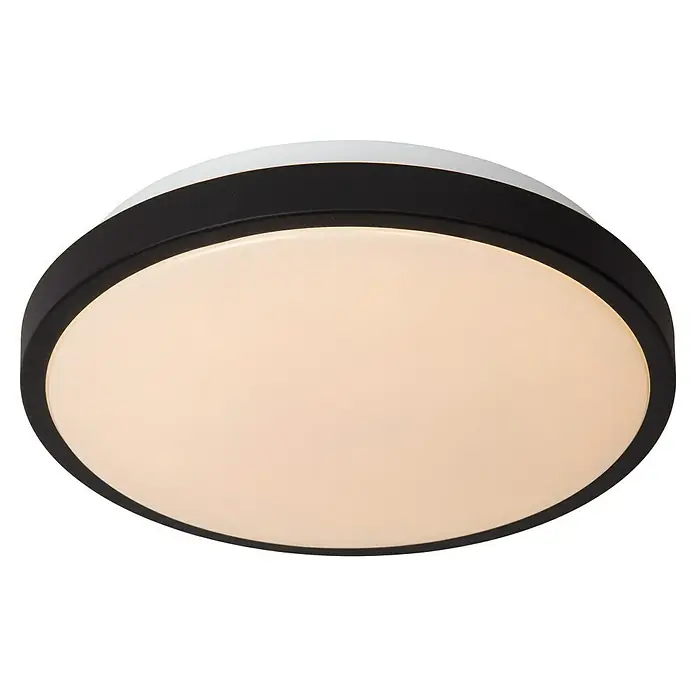 Lucide LED-Deckenleuchte rund Dasher - 12 W, Ø x H: 31,5 x 9 cm, Schwarz, Warmweiß - Nahaufnahme einer runden Deckenleuchte mit einem schwarzen Rahmen und einem cremefarbenen Diffusor, die ein warmes Licht ausstrahlt.