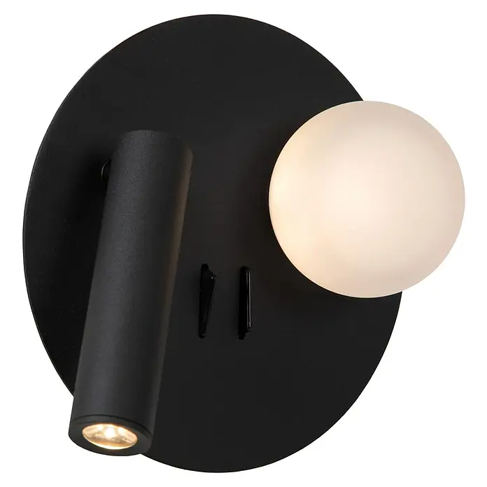 Lucide LED-Wandleuchte rund Matiz - 3,5 W, Ø x H: 16,5 x 19 cm, Schwarz, Neutralweiß - Eine moderne Wandleuchte in Schwarz mit einem zylindrischen Strahler und einer runden, diffusen Lichtkugel, die ein elegantes Ambiente erzeugt.