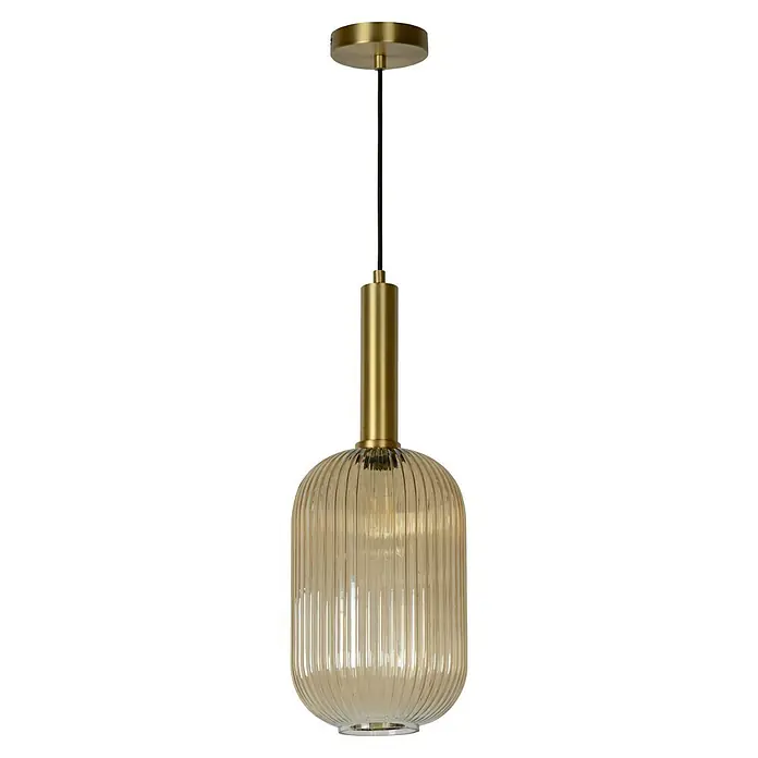 Lucide Maloto Pendelleuchte - 40 W, L x B x H: 150 x 20 x 150 cm, Bernstein/ Gold, E27 - Elegante Hängelampe mit geripptem Glasschirm und goldfarbenen Akzenten. Die perfekte Beleuchtung für stilvolle Räume.