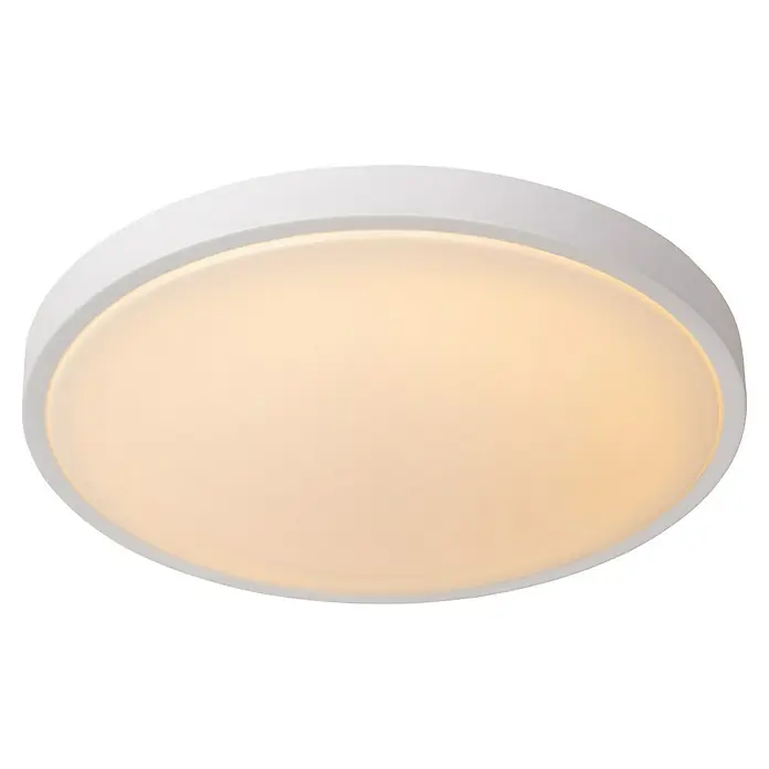 Lucide LED-Deckenleuchte rund Dasher - 24 W, Ø x H: 43 x 11 cm, Weiß, Warmweiß - Nahaufnahme einer runden, weißen Deckenleuchte, die warmes, diffuses Licht ausstrahlt und eine moderne Ästhetik zeigt.