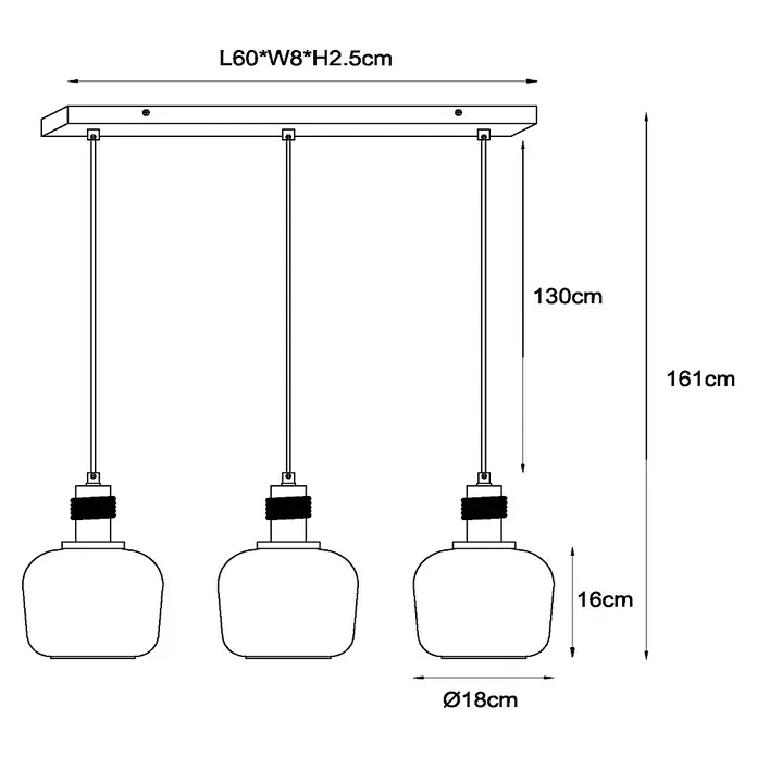 Lucide Ilona Pendelleuchte - 40 W, L x B x H: 60 x 8 x 161 cm, Amber, E27 - Technische Zeichnung einer Pendelleuchte mit drei Lampen, Maße L60*B8*H2.5cm, Lampenhöhe 16cm, Durchmesser Ø18cm.