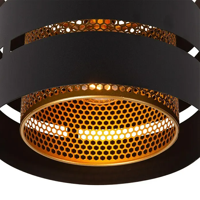 Lucide Rosas Deckenleuchte rund - 40 W, Ø x H: 26 x 22 cm, Schwarz/ Gold, Schwarz, E27 - Nahaufnahme einer stilvollen schwarzen und goldenen Deckenleuchte mit dekorativem Wabendesign, die warmes Licht ausstrahlt.