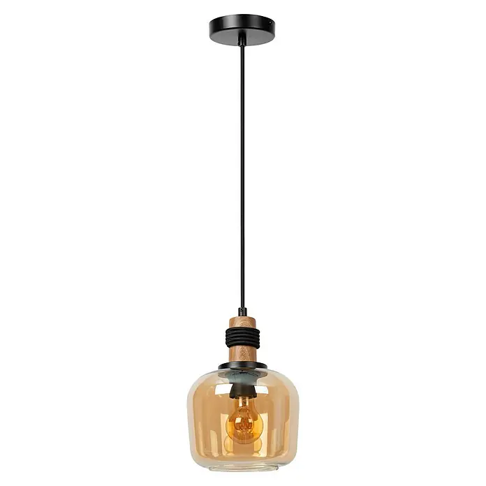 Lucide Ilona Pendelleuchte - 40 W, L x B x H: 12 x 12 x 161 cm, Amber, E27 - Attraktive Hängelampe mit bernsteinfarbenem Glas und Holzakzenten, die jedem Raum eine warme, einladende Atmosphäre verleiht.