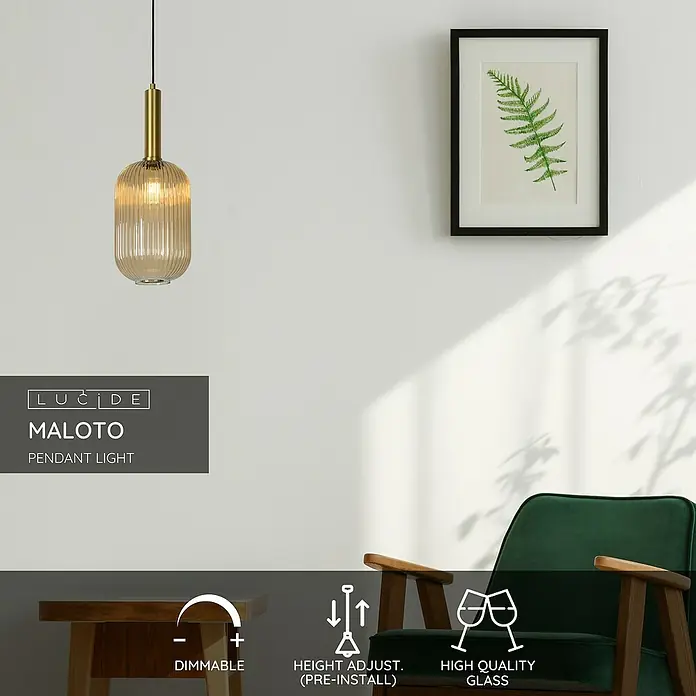 Lucide Maloto Pendelleuchte - 40 W, L x B x H: 150 x 20 x 150 cm, Bernstein/ Gold, E27 - Nahaufnahme der Lucide Maloto Pendelleuchte mit ihrer geriffelten Glasur und den goldenen Akzenten, die eine elegante Beleuchtungslösung zeigt.