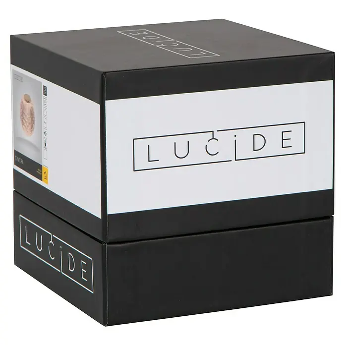 Lucide Cintra Tischleuchte rund - 1,5 W, Ø x H: 9 x 10 cm, Kristall - Eine Nahaufnahme einer Lucide-Produktverpackung, die ein modernes Design und das Markenlogo zeigt, ideal für Beleuchtungskörper.