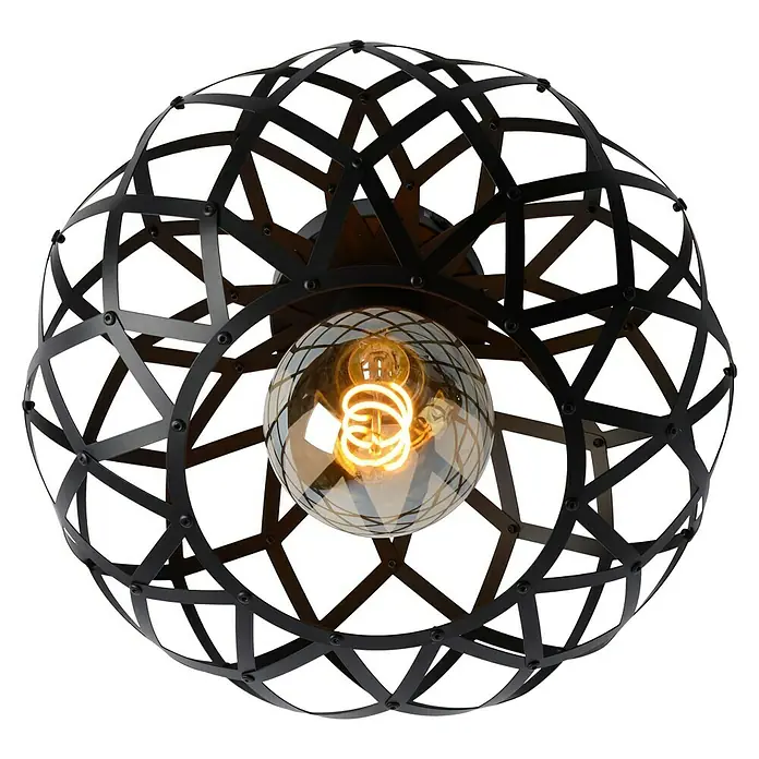 Lucide LED-Deckenleuchte rund Wolfram - 40 W, Ø x H: 30 x 20 cm, Schwarz, Schwarz - Deckenleuchte im Industriedesign mit einer kugelförmigen Metallstruktur und einer warmen, dekorativen Glühbirne im Inneren.