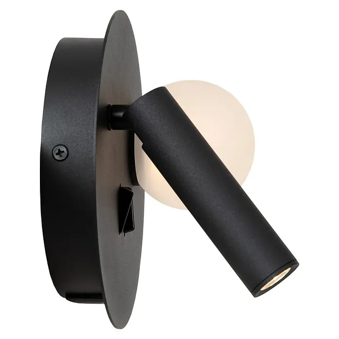 Lucide LED-Wandleuchte rund Matiz - 3,5 W, Ø x H: 16,5 x 19 cm, Schwarz, Neutralweiß - Nahaufnahme einer modernen schwarzen Wandleuchte mit einem zylindrischen Strahler und einem runden Hintergrund.