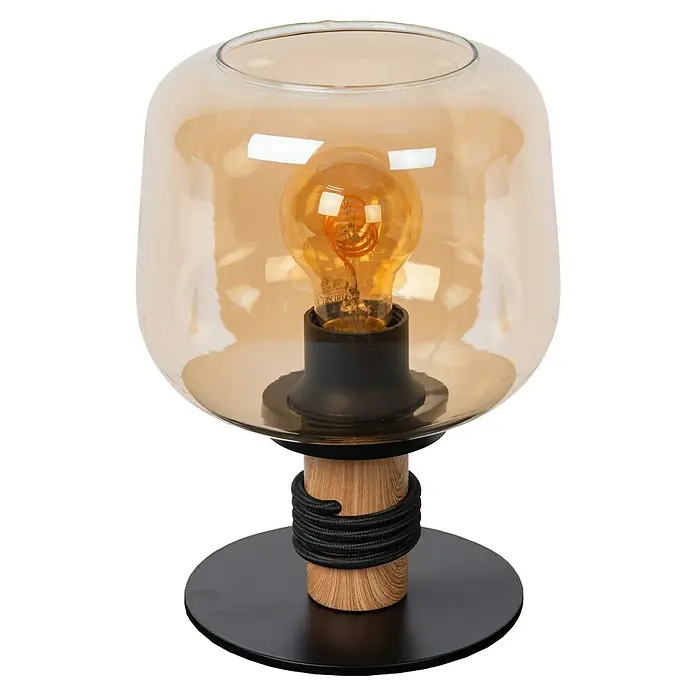 Lucide Ilona Deko-Tischleuchte - 40 W, L x B x H: 23 x 23 x 30 cm, Amber, E27 - Tischleuchte mit bernsteinfarbenem Glasschirm, schwarzem Sockel und Holzfuß mit gewickeltem Kabel. Die Lampe strahlt ein warmes, einladendes Licht aus.